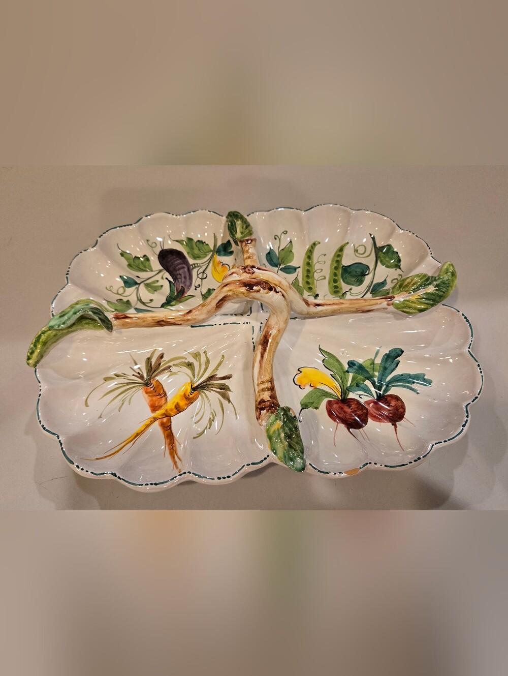 Hand-Painted Italian Porcelain Divided Serving Platter - Garden Veggie Motif